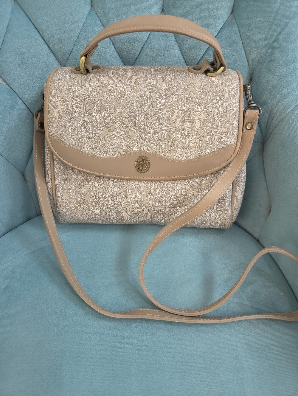 Structured Top-Handle Satchel in Light Beige Paisley